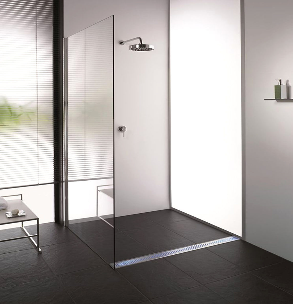 Walk-in shower with a linear shower channel